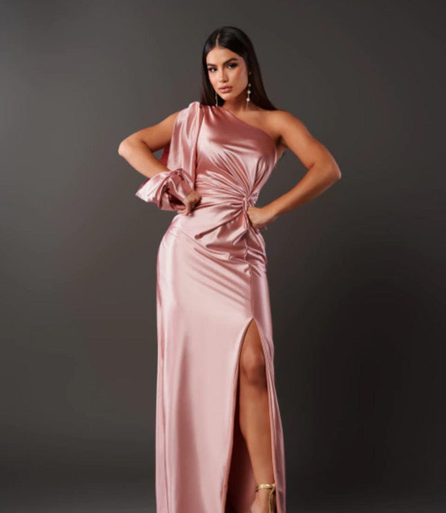 Front view of blush pink satin maxi dress with one shoulder and high slit
