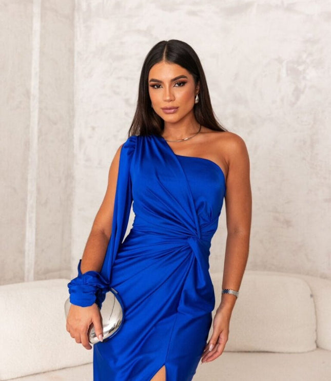 Royal blue one shoulder satin maxi dress with draped sleeve and slit