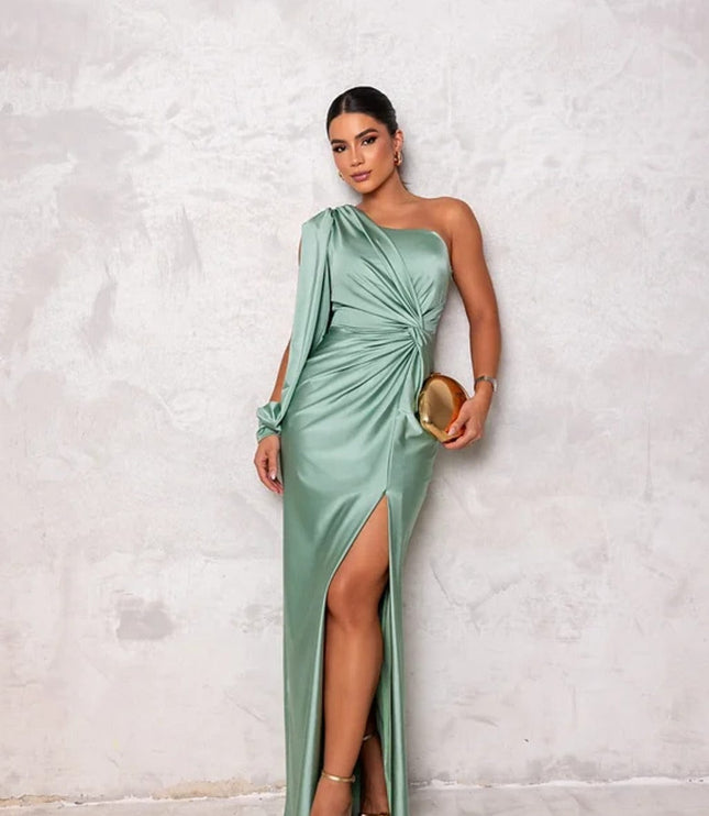 Sage green one shoulder satin maxi dress with draped waist and front slit