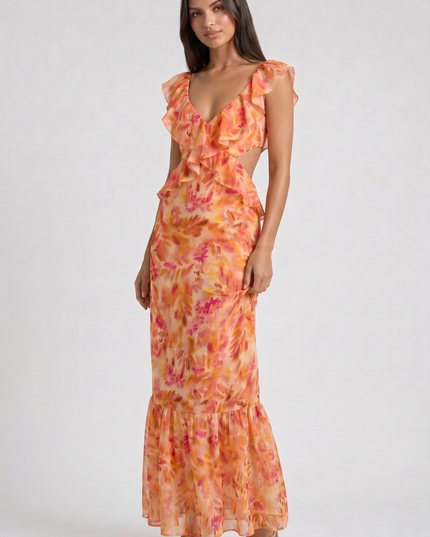 Vestido maxi floral naranja de verano para invitada de boda mujer