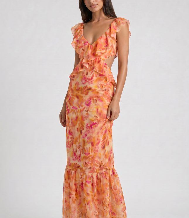 Vestido maxi floral naranja de verano para invitada de boda mujer
