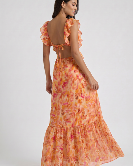 Vestido maxi floral naranja de verano para invitada de boda mujer