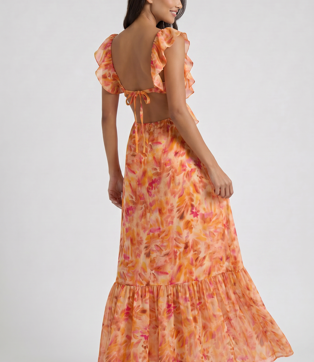 Vestido maxi floral naranja de verano para invitada de boda mujer
