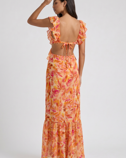 Vestido maxi floral naranja de verano para invitada de boda mujer