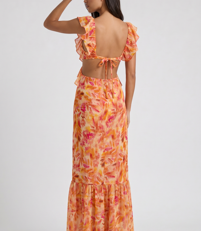 Vestido maxi floral naranja de verano para invitada de boda mujer