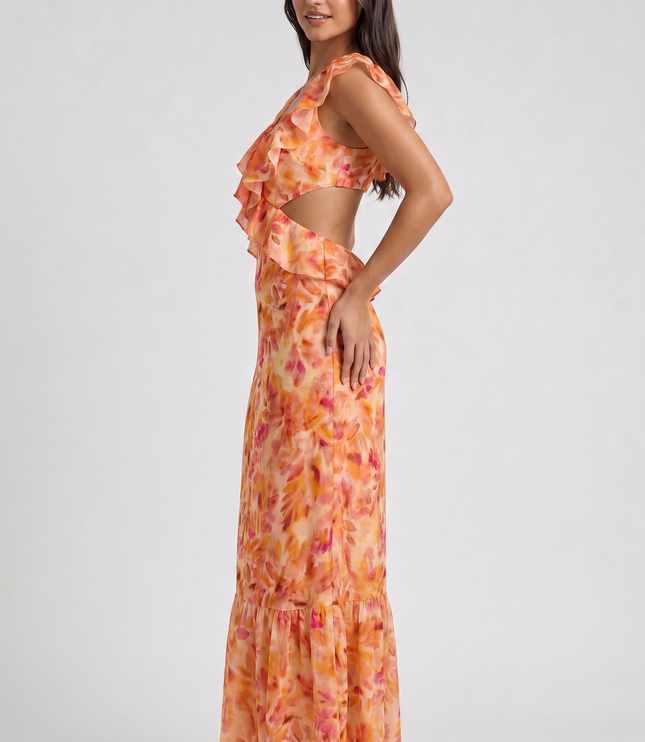 Vestido maxi floral naranja de verano para invitada de boda mujer