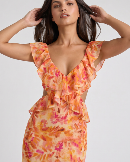 Vestido maxi floral naranja de verano para invitada de boda mujer