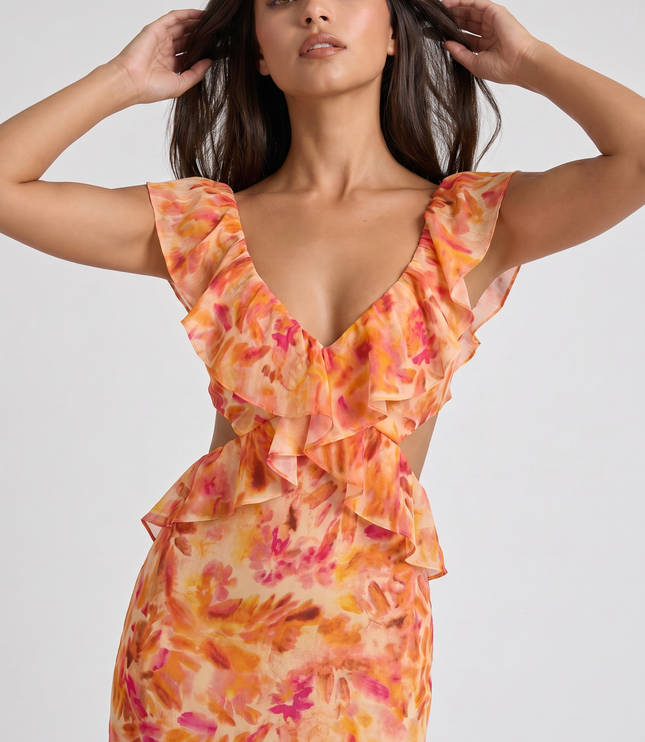 Vestido maxi floral naranja de verano para invitada de boda mujer