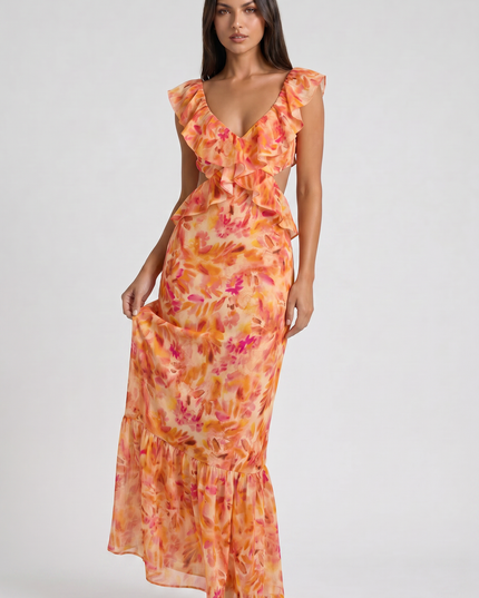 Vestido maxi floral naranja de verano para invitada de boda mujer