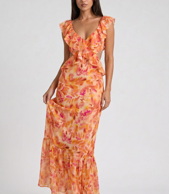 Vestido maxi floral naranja de verano para invitada de boda mujer