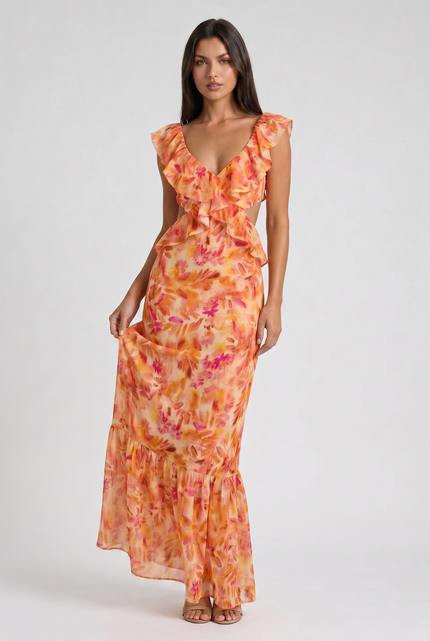 Vestido maxi floral naranja de verano para invitada de boda mujer
