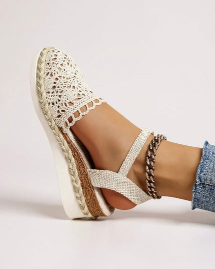 Cream crochet platform sandal with open toe and textured ankle strap detail