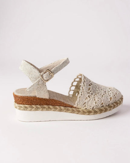 Cream crochet platform espadrille sandal with textured ankle strap and jute trim