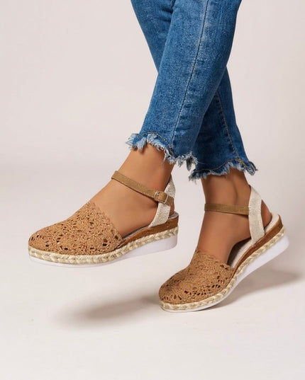 Tan crochet platform ankle strap sandals styled with cropped distressed denim