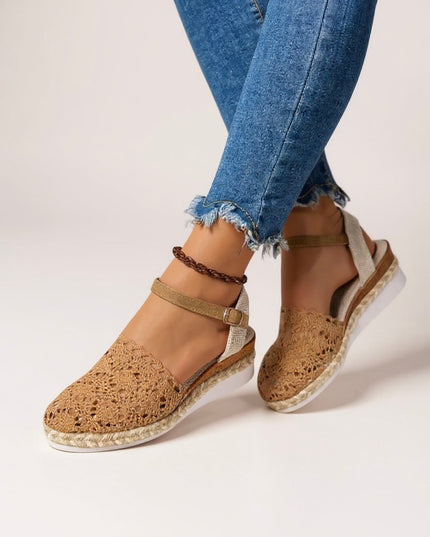 Tan crochet platform ankle strap sandals with jute trim worn with distressed jeans