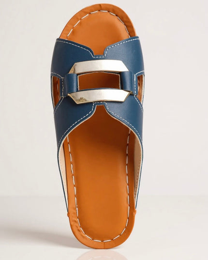 Top view of navy platform slide showing double gold buckle design and tan wooden sole