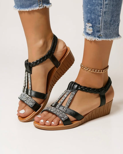 Black embellished wedge platform sandals with crystal details and braided ankle straps