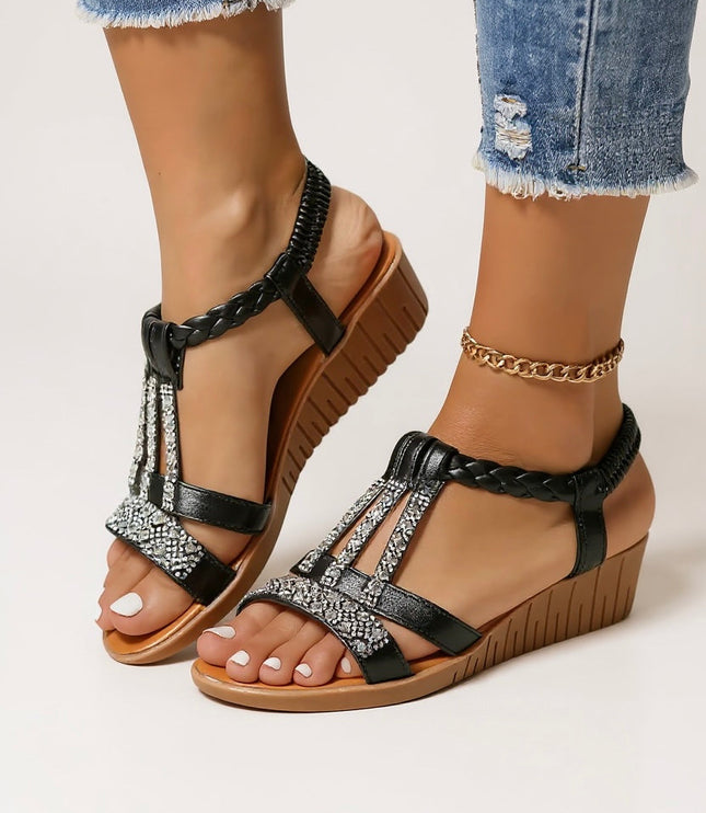 Black embellished wedge platform sandals with crystal details and braided ankle straps