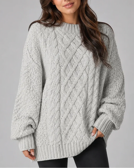 Women's Oversized Cable Knit Jumper Dress with Balloon Sleeves