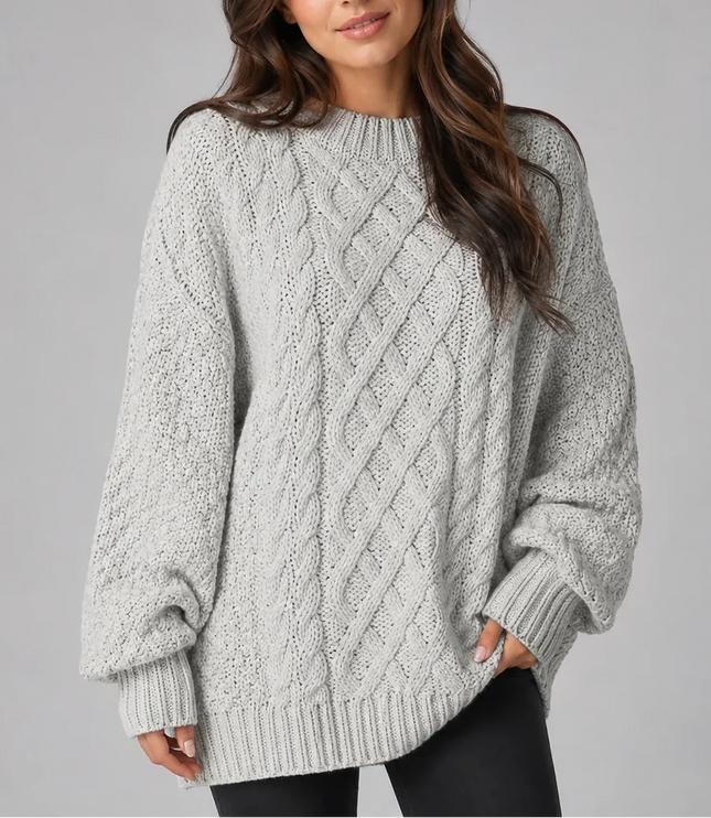 Women's Oversized Cable Knit Jumper Dress with Balloon Sleeves