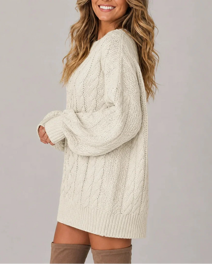 Women's Oversized Cable Knit Jumper Dress with Balloon Sleeves