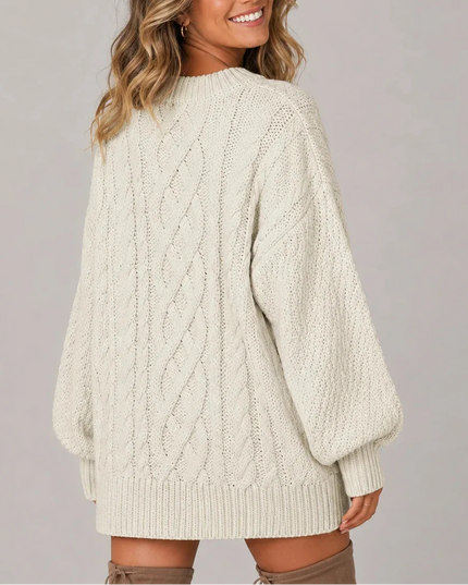 Women's Oversized Cable Knit Jumper Dress with Balloon Sleeves