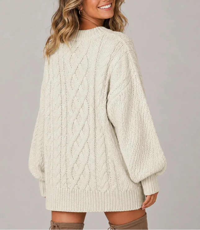 Women's Oversized Cable Knit Jumper Dress with Balloon Sleeves