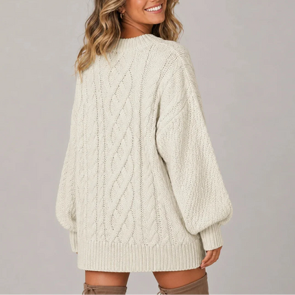 Women's Oversized Cable Knit Jumper Dress with Balloon Sleeves