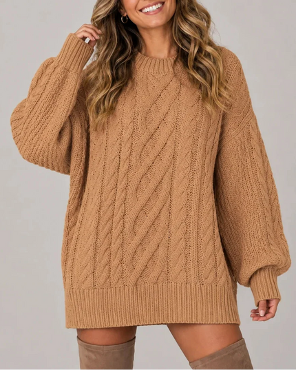 Women's Oversized Cable Knit Jumper Dress with Balloon Sleeves