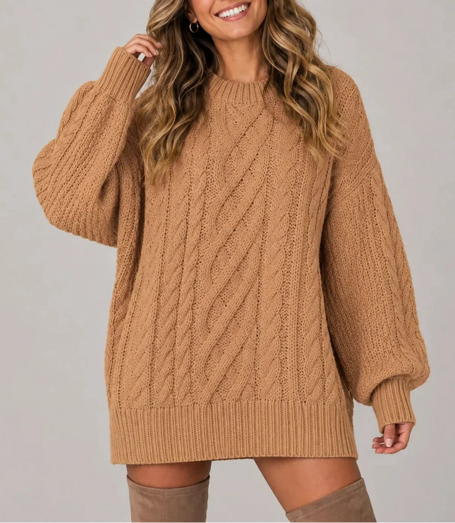 Women's Oversized Cable Knit Jumper Dress with Balloon Sleeves
