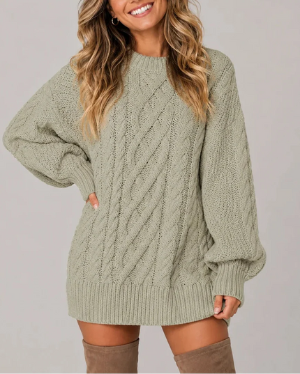 Women's Oversized Cable Knit Jumper Dress with Balloon Sleeves
