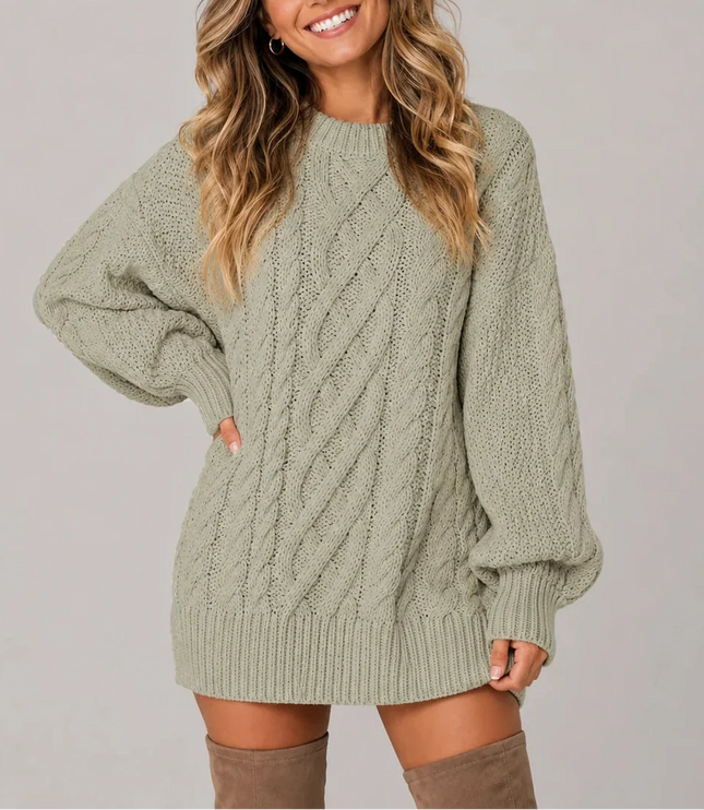 Women's Oversized Cable Knit Jumper Dress with Balloon Sleeves