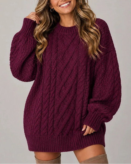 Women's Oversized Cable Knit Jumper Dress with Balloon Sleeves
