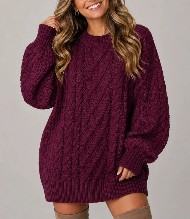 Women's Oversized Cable Knit Jumper Dress with Balloon Sleeves