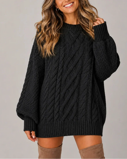 Women's Oversized Cable Knit Jumper Dress with Balloon Sleeves