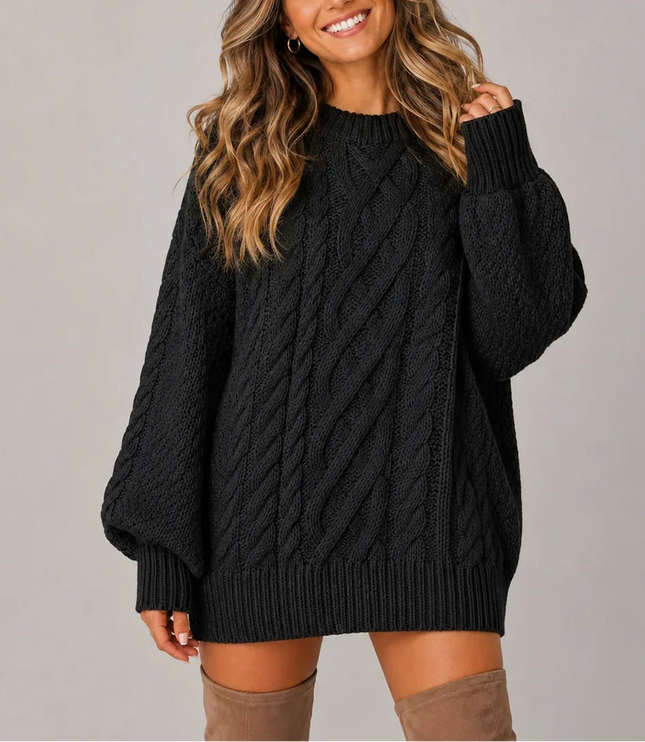 Women's Oversized Cable Knit Jumper Dress with Balloon Sleeves