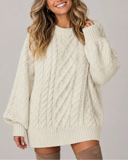 Women's Oversized Cable Knit Jumper Dress with Balloon Sleeves