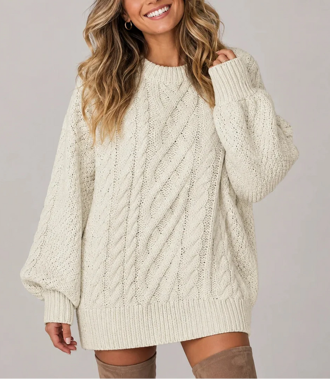 Women's Oversized Cable Knit Jumper Dress with Balloon Sleeves