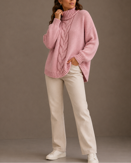 Women's Oversized Cable Knit Jumper with Curved Hem and Roll Neck