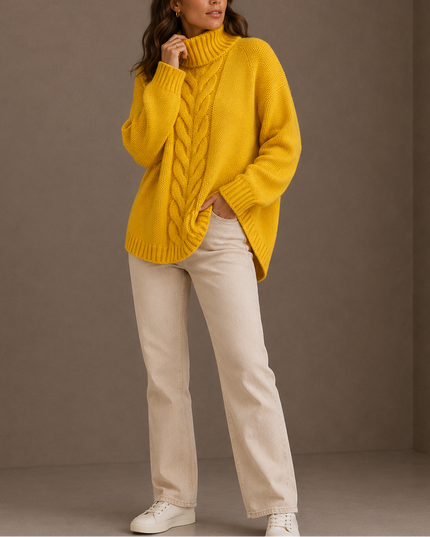 Women's Oversized Cable Knit Jumper with Curved Hem and Roll Neck