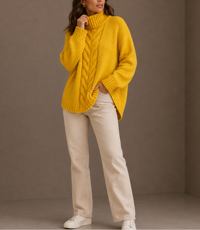 Women's Oversized Cable Knit Jumper with Curved Hem and Roll Neck