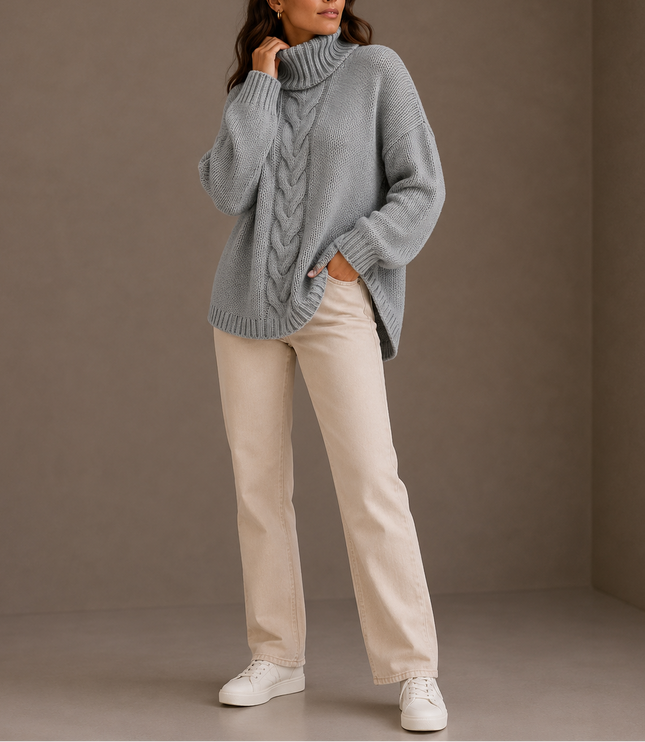 Women's Oversized Cable Knit Jumper with Curved Hem and Roll Neck