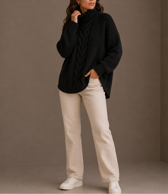 Women's Oversized Cable Knit Jumper with Curved Hem and Roll Neck