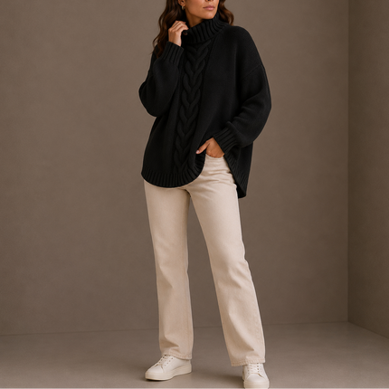Women's Oversized Cable Knit Jumper with Curved Hem and Roll Neck