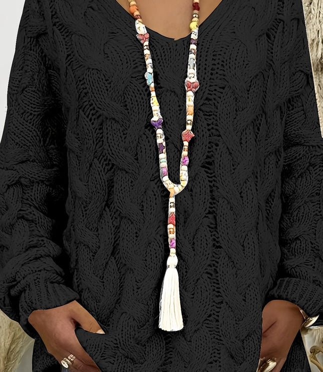 Women's Oversized Cable Knit Jumper with V Neck