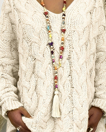 Women's Oversized Cable Knit Jumper with V Neck
