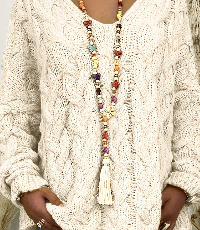 Women's Oversized Cable Knit Jumper with V Neck