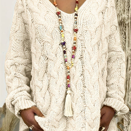 Women's Oversized Cable Knit Jumper with V Neck