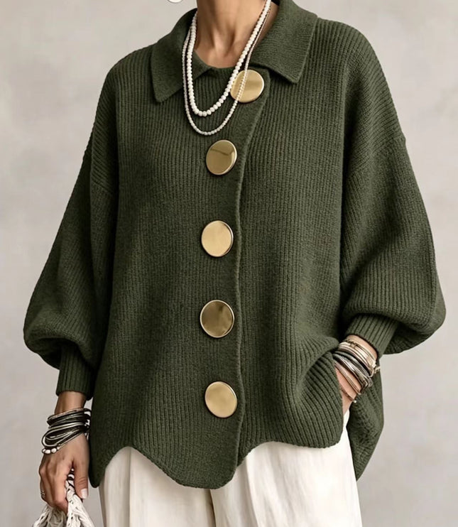 Women's Oversized Cardigan with Big Buttons and Scalloped Hem