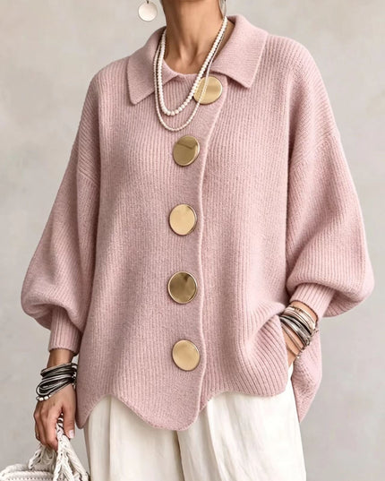 Women's Oversized Cardigan with Big Buttons and Scalloped Hem
